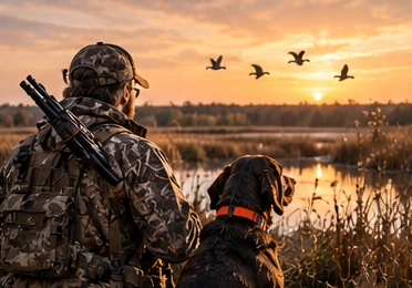 Sportsman and dog outdoors editorial illustration